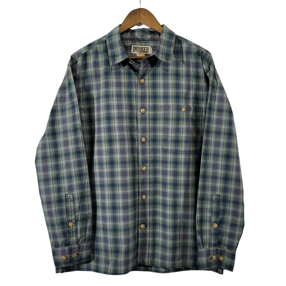 Duluth Shirt Mens Large Relaxed Fit Long Sleeve Button Green Plaid Western Rodeo